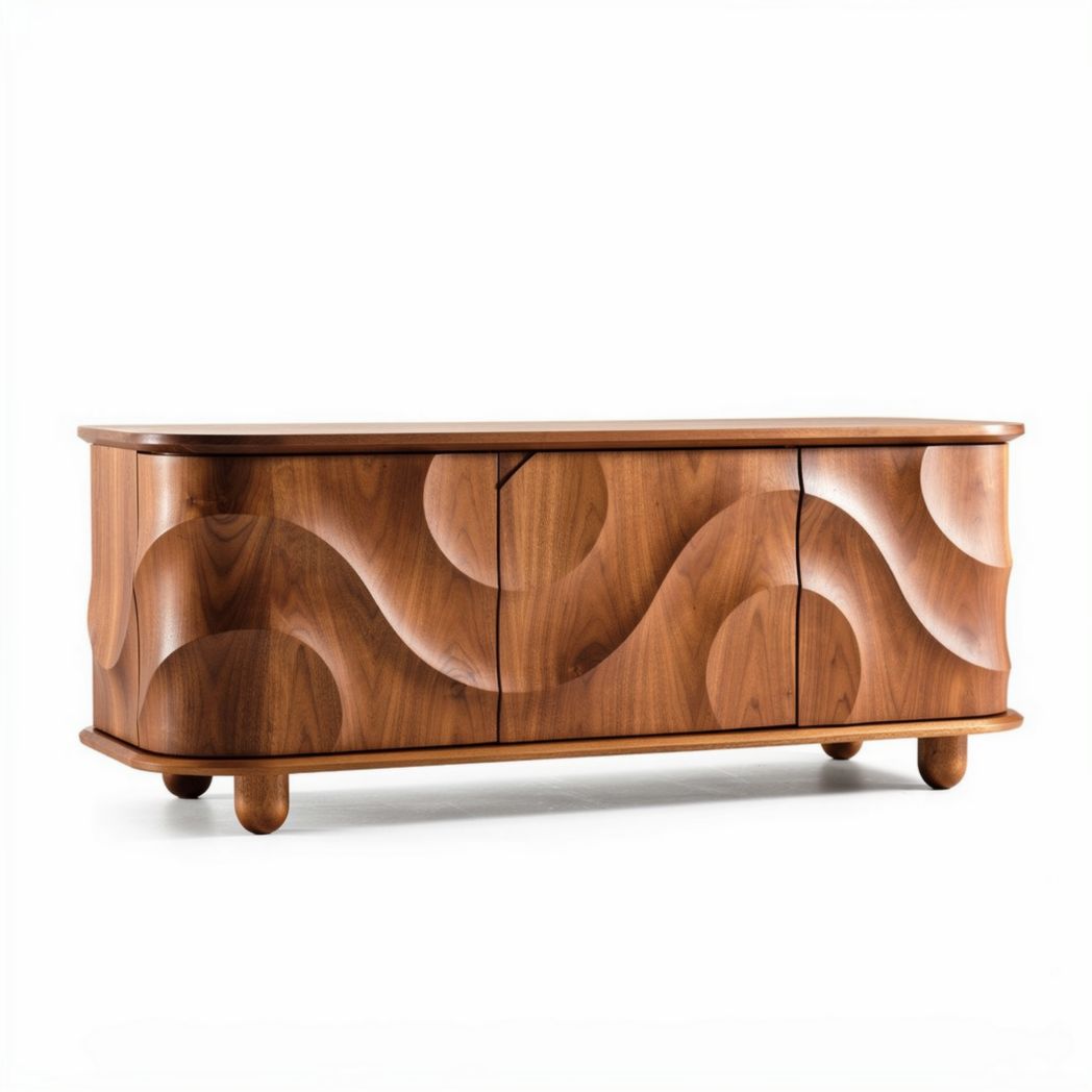 Szafka RTV w kolorze orzechowym z drewna z zaokrąglonymi krawędziami 150 x 45 x 60cm