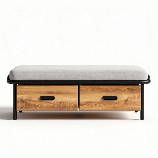 Sofa z dwoma szufladami z drewna i metalu w kolorze naturalnym 150 x 80 x 45cm
